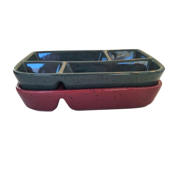 TWO Glazed Stoneware Trays with Four Compartments Sushi Condiments Divided Plate - Picture 6 of 12
